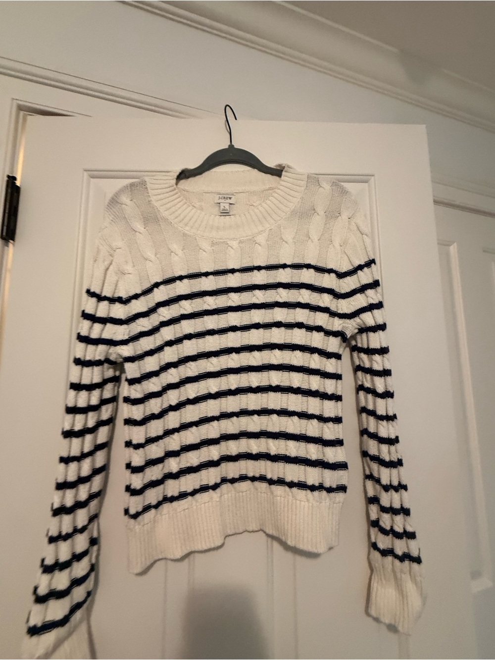 J. Crew Cream Cable-Knit Sweater with Navy Stripes